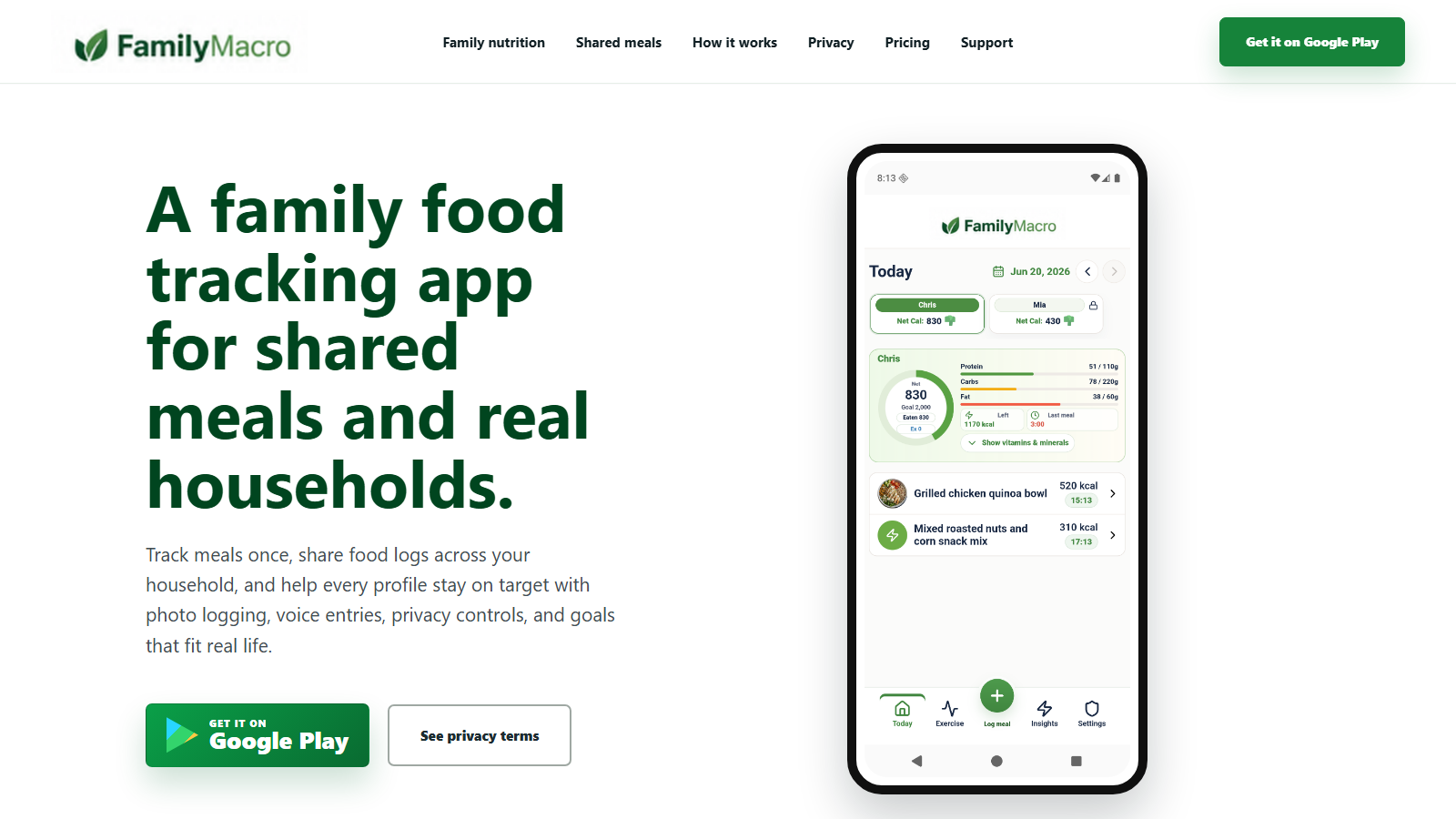 FamilyMacro homepage showing household nutrition tracking context